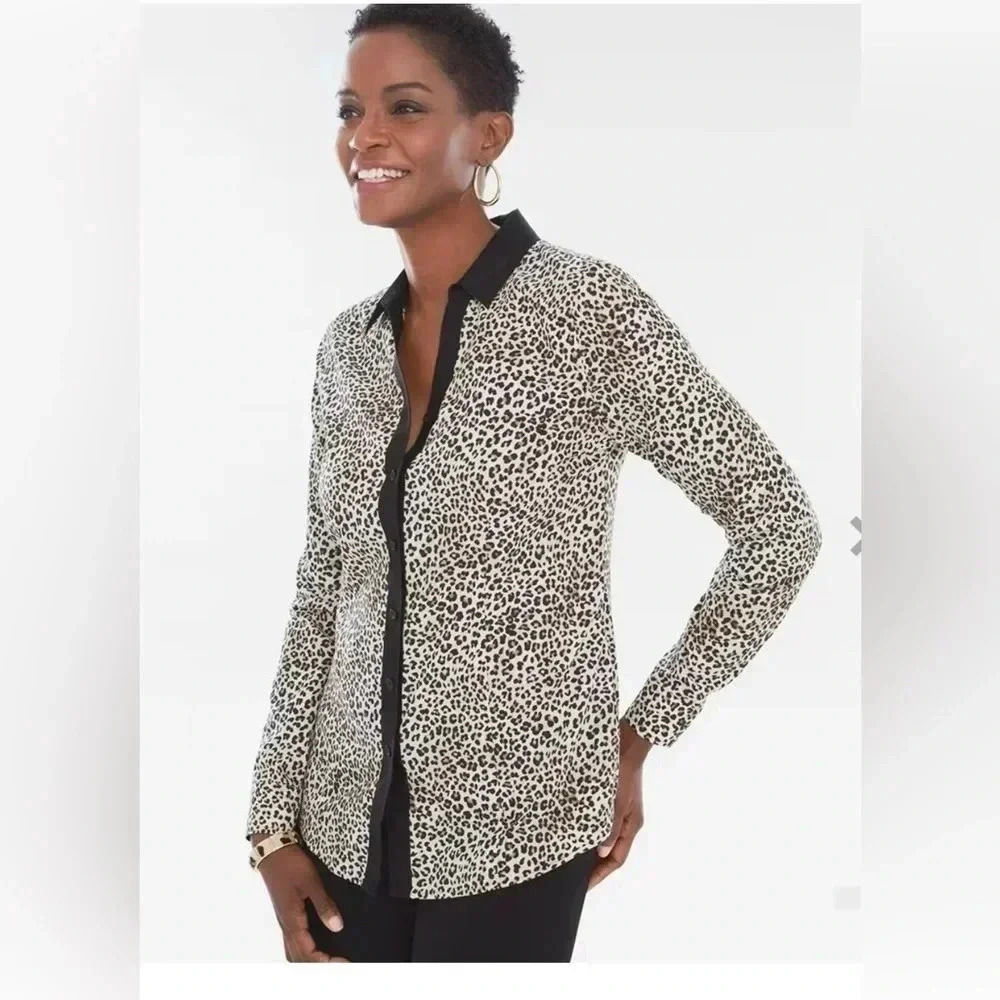 CHICO'S No-Iron Cotton Leopard Caroline Button Down Shirt Size 2